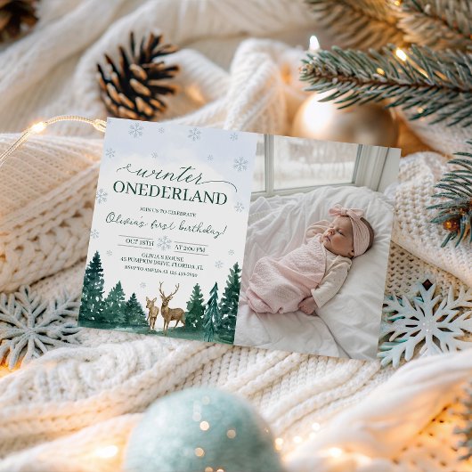 Winter ONEderland Deer Photo Invite Kaart