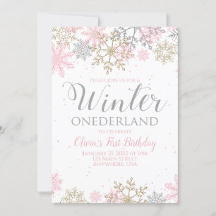 Winter Onederland Eerste Birthday roze sneeuwvlok Kaart
