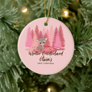 Winter Onederland Eerste Kerstmis Herten Roze Bos Keramisch Ornament