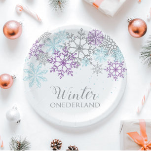 Winter Onederland Eerste Verjaardag Paars Blauw Papieren Bordje