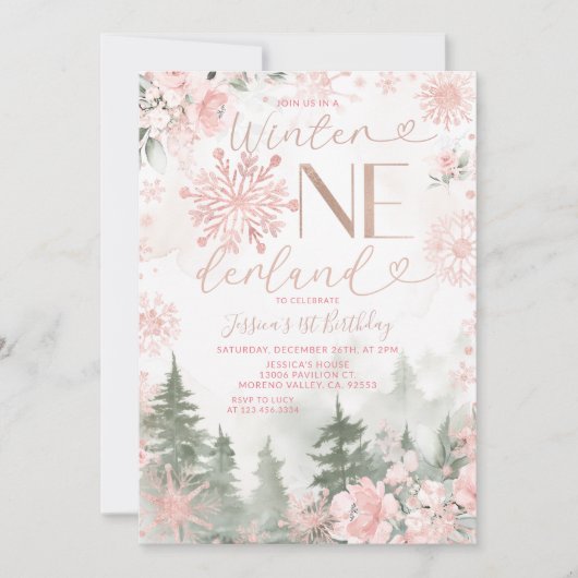 Winter Onederland Forest Pink Snowflake Birthday Kaart (Voorkant)