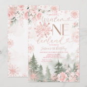 Winter Onederland Forest Pink Snowflake Birthday Kaart (Voorkant / Achterkant)