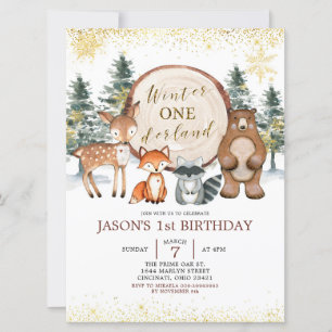 Winter Onederland Forest Woodland Birthday Invite Kaart