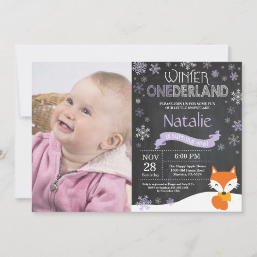 Winter Onederland Fox 1e verjaardag Uitnodiging (Voorkant)