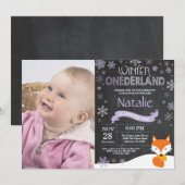 Winter Onederland Fox 1e verjaardag Uitnodiging (Voorkant / Achterkant)