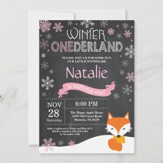 Winter Onederland Fox 1er Anniversaire Invitation (Devant)