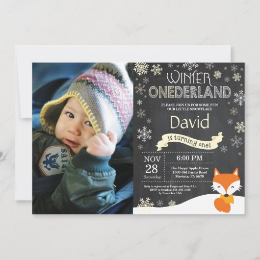 Winter Onederland Fox 1er Anniversaire Invitation (Devant)