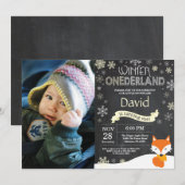 Winter Onederland Fox 1er Anniversaire Invitation (Devant / Derrière)