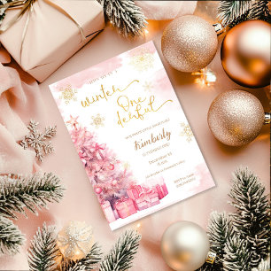 Winter Onederland Girl Pink Gold 1e verjaardag Kaart
