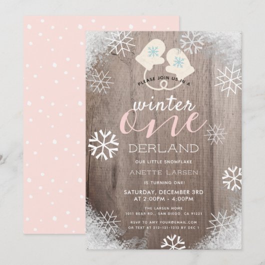 Winter Onederland Girl's 1st Birthday Invitation (Devant / Derrière)