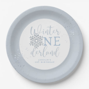 Winter Onederland Jongensbord, Blauwe Sneeuwvlok Papieren Bordje