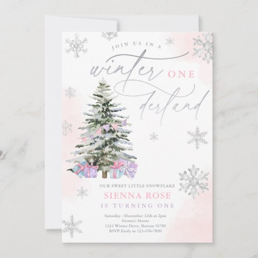 Winter Onederland kerstroze en zilver Birthday Kaart (Voorkant)