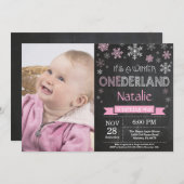 Winter Onederland Meisje 1e Verjaardagsuitnodiging Kaart (Voorkant / Achterkant)