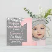 Winter Onederland Meisje Grijs Sneeuwvlok Verjaard Kaart (Staand voorkant)
