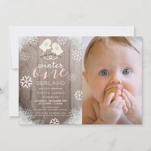 Winter Onederland Mittens Meisje Roze 1e verjaarda Kaart (Voorkant)