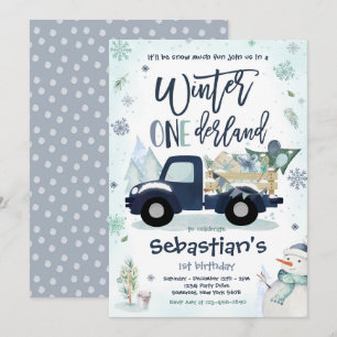 Winter ONEderland Navy Winter Truck Snowman Party Kaart