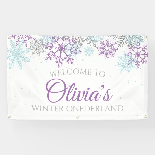 Winter Onederland Paars Blue Snowflakes Banner (Horizontaal)