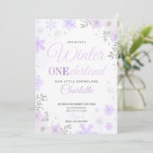 Winter ONEderland Paarse sneeuwvlok 1e uitnodiging (Staand voorkant)