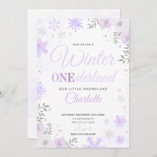 Winter ONEderland Paarse sneeuwvlok 1e uitnodiging (Voorkant / Achterkant)