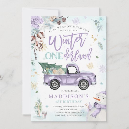 Winter ONEderland Paarse Winter Truck Sneeuwman Kaart (Voorkant)