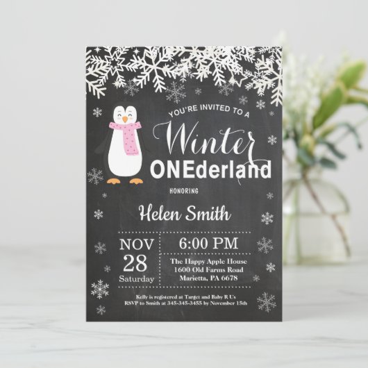 Winter Onederland Penguin Girl 1ste verjaardag Kaart (Staand voorkant)