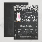 Winter Onederland Pinguïn Meisje 1e Verjaardag Kaart (Voorkant / Achterkant)