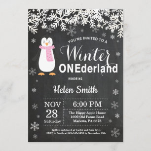 Winter Onederland Pinguïn Meisje 1e Verjaardag Kaart