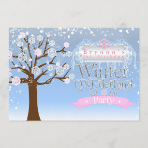 Winter ONEderland Pink Birthday Foto Uitnodiging