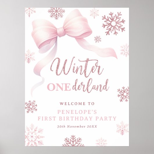 Winter Onederland Pink Bow 1st Birthday Welcome Poster (Voorkant)