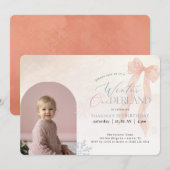 Winter ONEderland Pink Bow Photo First Birthday (Voorkant / Achterkant)