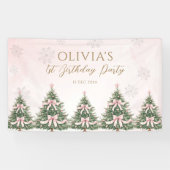 Winter Onederland Pink Bow Pine Trees 1st Birthday Spandoek (Horizontaal)