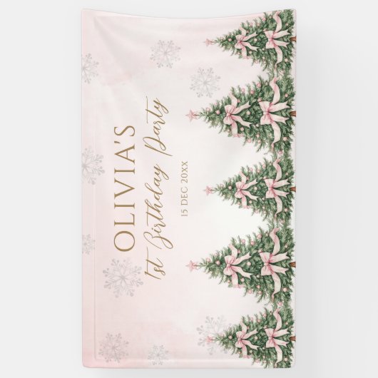 Winter Onederland Pink Bow Pine Trees 1st Birthday Spandoek (Verticaal)