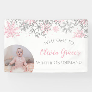 Winter Onederland Pink en Silver Snowflakes Foto Spandoek