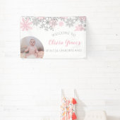 Winter Onederland Pink en Silver Snowflakes Foto Spandoek (Insitu)