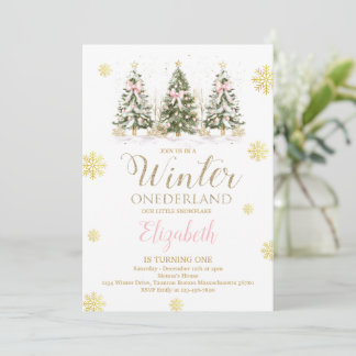 WINTER ONEderland Pink & Faux Gold 1st Birthday  I Kaart