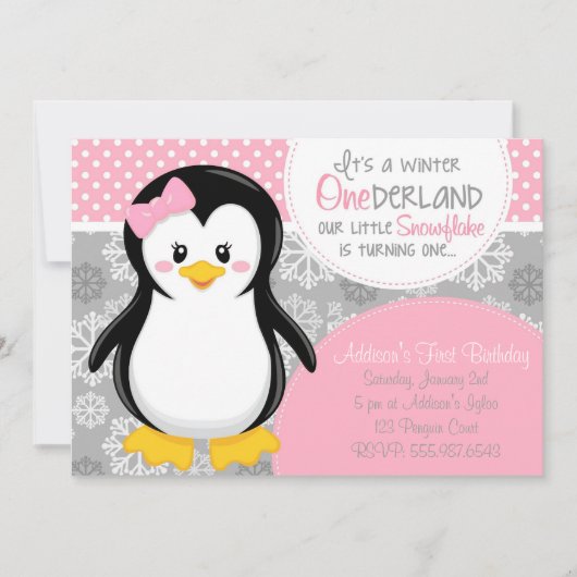 Winter ONEderland Pink Penguin Uitnodiging (Voorkant)