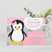Winter ONEderland Pink Penguin Uitnodiging (Staand voorkant)