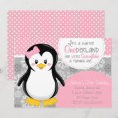Winter ONEderland Pink Penguin Uitnodiging (Voorkant / Achterkant)