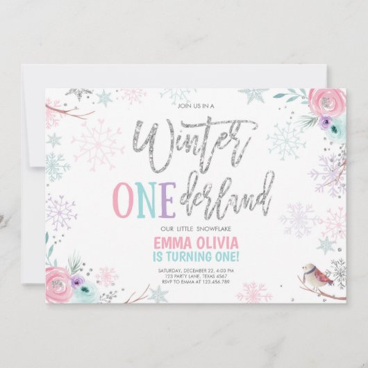 Winter ONEderland Pink Silver Floral 1st Birthday Kaart (Voorkant)