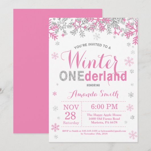 Winter Onederland Pink Silver Girl 1e verjaardag Kaart (Voorkant / Achterkant)