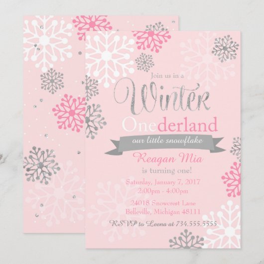 Winter Onederland Pink Silver Glitter Uitnodiging (Voorkant / Achterkant)