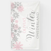 Winter Onederland Pink Silver Snow First Birthday Spandoek (Verticaal)