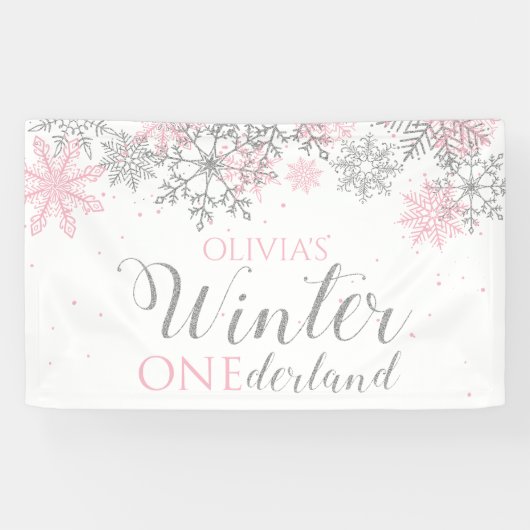 Winter Onederland Pink Silver Snow First Birthday Spandoek (Horizontaal)