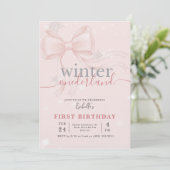 Winter Onederland Pink Snowflake Bow 1st Birthday Kaart (Staand voorkant)