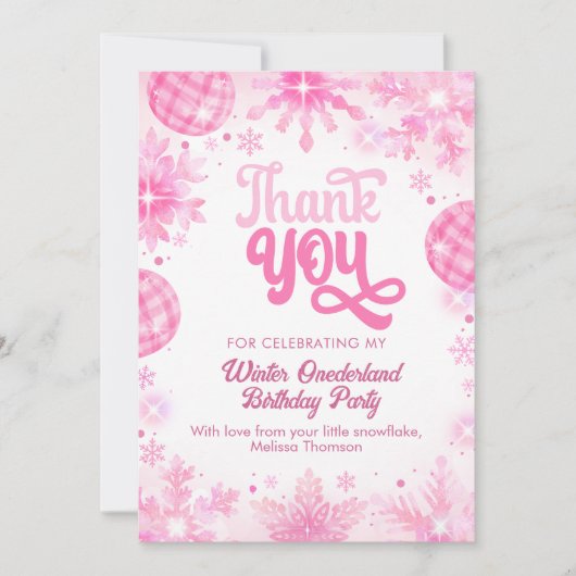 Winter Onederland Pink Snowflake First Birthday Bedankkaart (Voorkant)