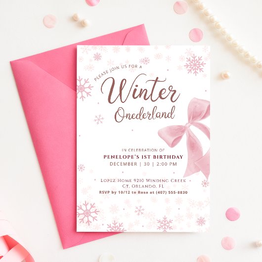 Winter Onederland Pink Snowflake First Birthday Kaart
