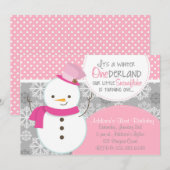 Winter ONEderland Pink Snowman Uitnodiging (Voorkant / Achterkant)