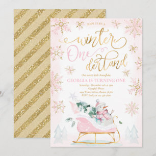 Winter ONEderland Pink Winter Sleigh 1st Birthday Kaart