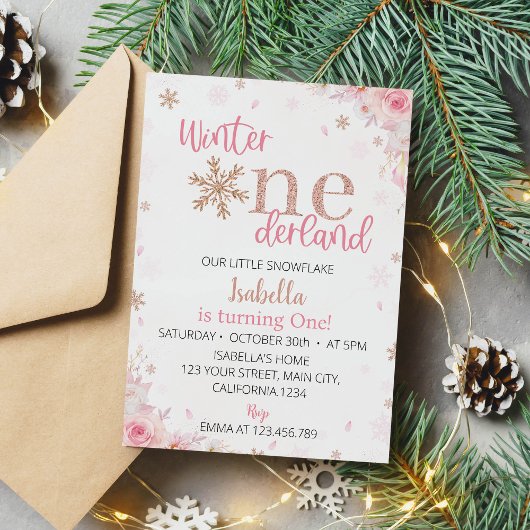 Winter Onederland rose Anniversaire Invitation
