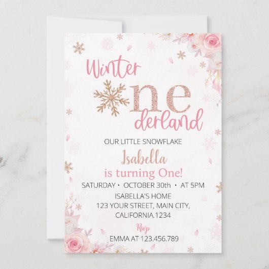 Winter Onederland rose Anniversaire Invitation (Devant)